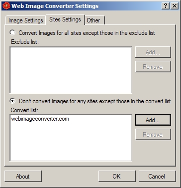 Web Image Converter Sites Settings